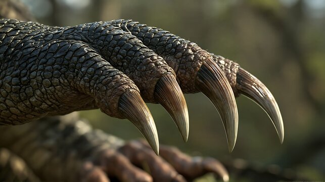 Extreme close up of a reptile claw with sharp curved talons and textured scaly skin on a dark blurred background, in a natural environment