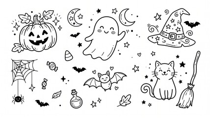 Fototapeta premium Cute Halloween doodle collection featuring smiling pumpkins, flying bat, friendly ghost, magical witch hat, black cat, stars and moon, line art, whimsical.