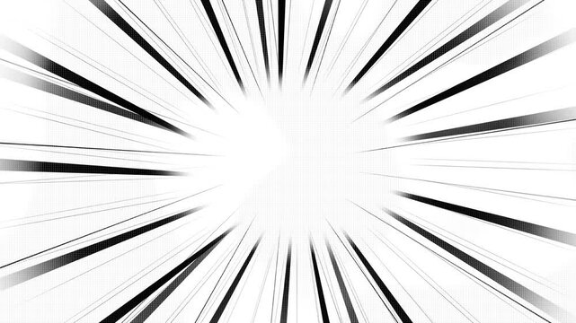 High energy monochrome radial lines rush toward empty center, dramatic comic action effect. cartoons, manga sequences, impact reveals, titles, promotions, battle scenes and energetic transitions.
