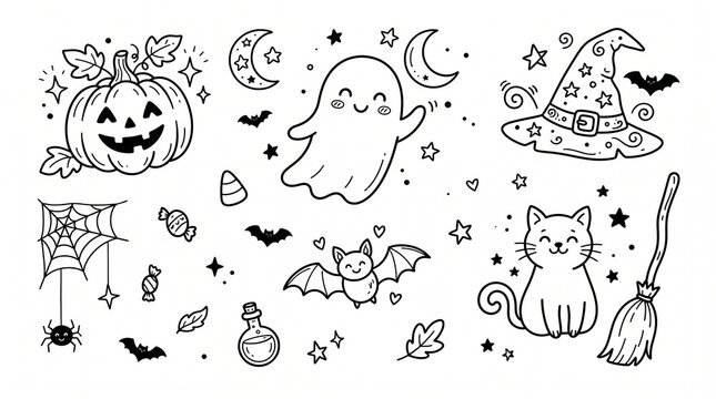 Cute Halloween doodle collection featuring smiling pumpkins, flying bat, friendly ghost, magical witch hat, black cat, stars and moon, line art, whimsical.