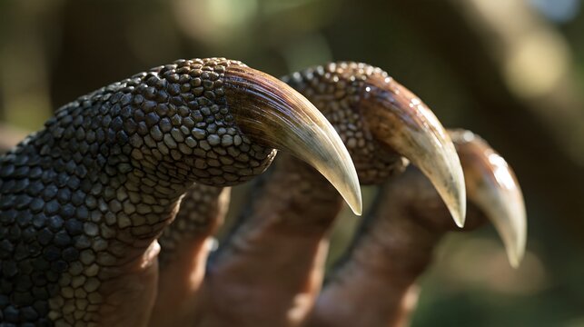 Close up of a reptile claw with sharp talons and textured scales on a dark blurred background, showing the anatomy, of a predatory animal