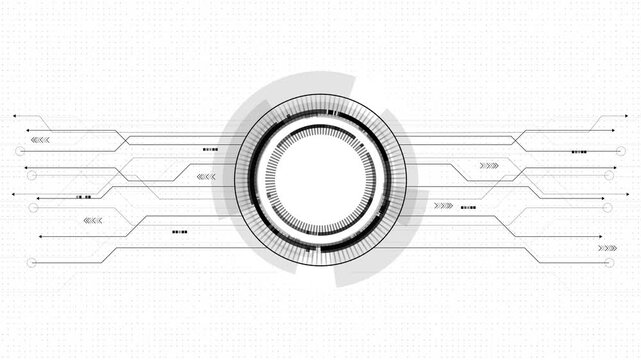 Minimal technical interface features concentric rings directional arrows connected data paths across digital grid. software dashboards, automation, analytics, engineering, scanning technology graphics