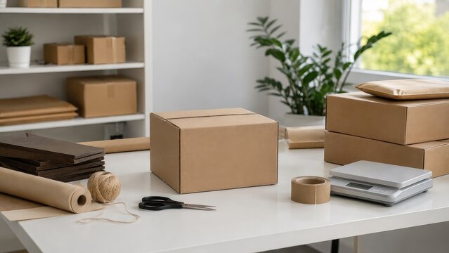 Small business packing station with cardboard boxes, tape, scissors, scale, kraft paper and shelving in a bright workspace