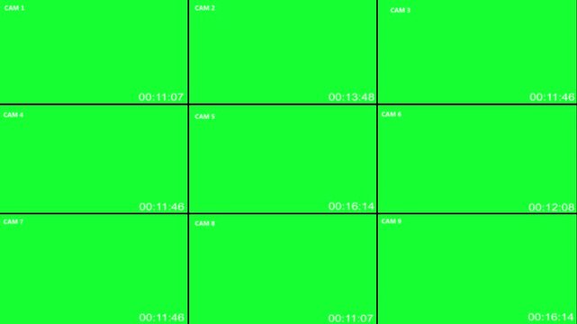 Multi camera surveillance monitor layout nine green screen panels, timer displays control view. CCTV edits, security footage mockups, broadcast templates, monitoring systems chroma key production.