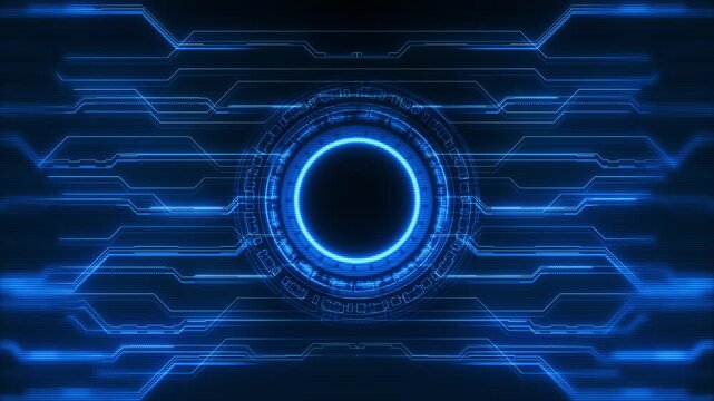 Bright blue sci fi ring interface technical line details circular core. futuristic dashboards, cyber visuals, control systems, technology backgrounds, digital intros data driven motion graphics.