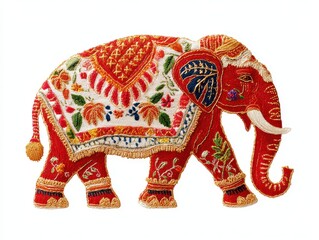 Fototapeta premium Red Ornamental Elephant Sculpture With Intricate Beaded Floral Patterns On Isolated White Background