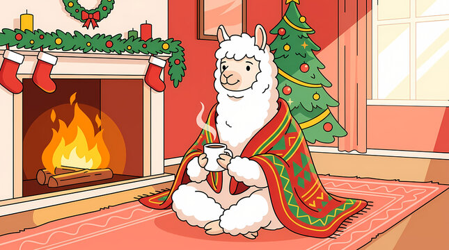 Cute white alpaca sitting by a cozy fireplace with a warm drink in a festive holiday living room