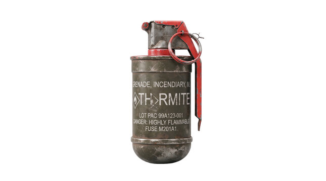 Vintage incendiary grenade isolated on transparent background. Military explosive with worn metal casing, safety pin, and lever detail. Historical warfare and ordnance concept.