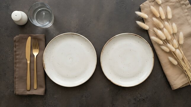 Top view of two empty ceramic plates with cutlery and decorative dried grass on dark table with textured surface alongside