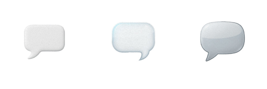 Set of 3 glossy message chat bubbles including a matte white speech box, a soft light blue dialogue container, and a shiny grey text bubble isolated on transparent background.   