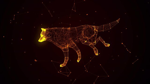 3D animation of a futuristic stardust running wolf made of glowing particles and constellation nodes on alpha channel, ideal for gaming channels, sci-fi intros, fantasy visuals, and abstract tech art