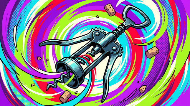 Psychedelic corkscrew swirling through vibrant colorful cosmic vortex with flying wine corks in miniature art style