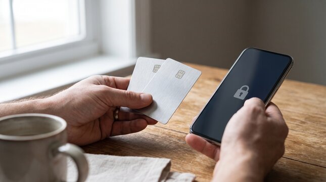 Secure online payment concept, person holding two blank credit cards and a smartphone with a padlock icon, close-up, natural light, for e-commerce and digital security