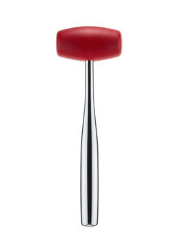 Medical reflex hammer with a red rubber head and a polished chrome metal handle, isolated on a white background, for neurological examination isolated on a transparent background