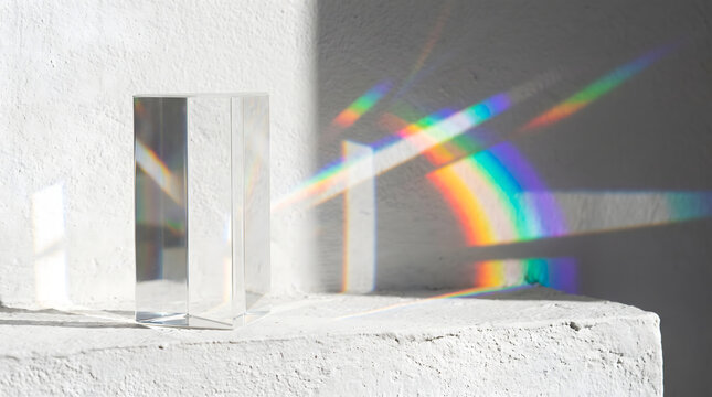Abstract minimalist background of rainbow light dispersion through a glass prism on a white wall