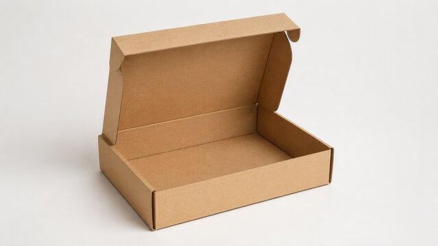 Open brown kraft cardboard mailer box with lid ajar on white background, empty interior, studio product packaging shot
