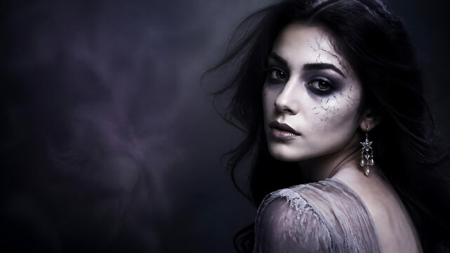 Professional Halloween ghost makeup concept, elegant female model with pale porcelain skin, smoky charcoal eyes, subtle cracked-skin effects, soft white powder, flowing dark hair