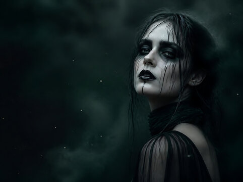 Dark fantasy ghost makeup concept featuring pale skin, black tear streaks, silver metallic highlights, dramatic smoky eyes, tangled wet hair, minimalist gothic costume