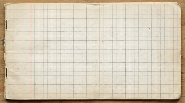 Old vintage grid paper notebook page with staples on wooden background
