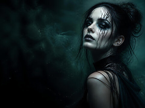 Dark fantasy ghost makeup concept featuring pale skin, black tear streaks, silver metallic highlights, dramatic smoky eyes, tangled wet hair, minimalist gothic costume