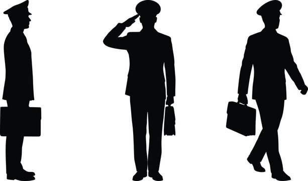 Military officer silhouette set, soldier saluting in uniform with briefcase, army pilot or police captain silhouettes for memorial day and veterans day