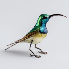 Fototapeta premium Sparkling Glitter Hummingbird Figurine With Metallic Green And Blue Feathers On White Background