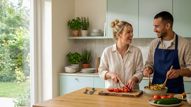 Senior woman and adult man preparing a homemade meal together in a bright kitchen, family cooking and intergenerational bonding