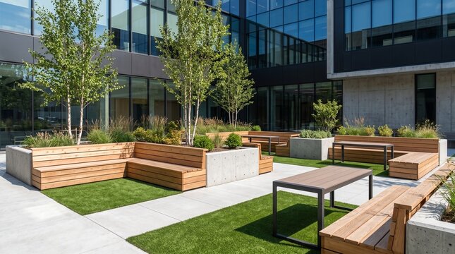 Modern outdoor campus courtyard with wooden benches and green landscaping