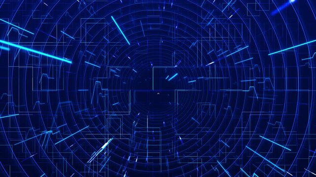Futuristic scanning interface blue concentric circles, tracking geometry technical grid elements. radar displays, defense themes, navigation, monitoring, aerospace graphics advanced technology visuals