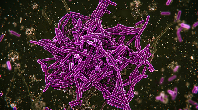 Microscopic view showing a cluster of purple rodshaped bacteria cells suspended in a dark laboratory culture medium