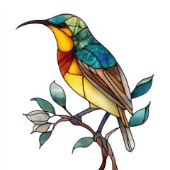Fototapeta premium Stained Glass Mosaic Hummingbird Perched On A Small Branch Isolated On A White Background