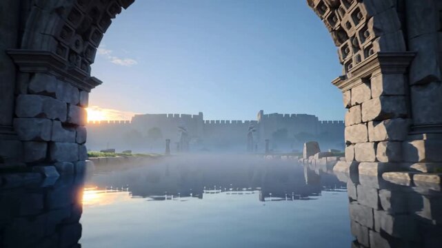 Sun rising, camera gliding forward revealing carved stone arch over calm water, mist veiling wall