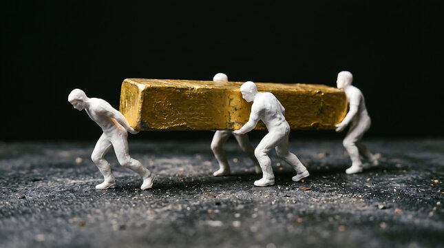Small white plastic toy figures working together to lift and carry a heavy solid gold bullion bar