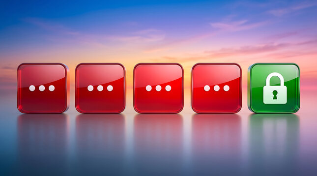 A series of glossy red buttons with ellipsis symbols followed by a green button showing a secure padlock icon