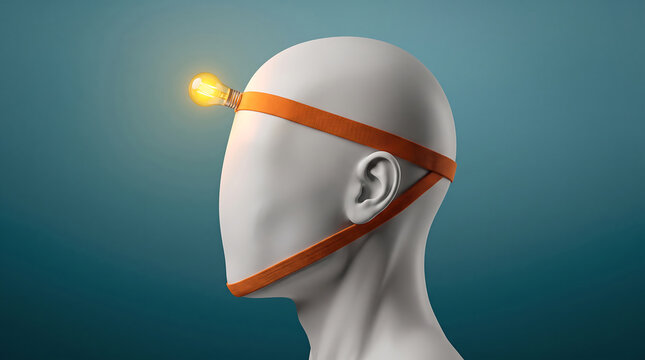 A featureless human mannequin head wearing an orange headband with a glowing light bulb on forehead