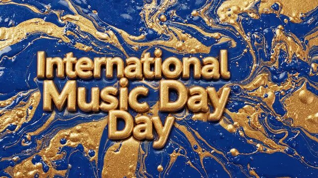 Golden text 'International Music Day' on a vibrant background of swirling blue and gold paint, celebrating global music.
