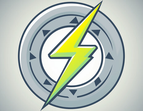 Bold lightning bolt pierces metallic circular emblem. Geometric rings frame dynamic energy symbol. Clean lines contrast vivid yellow-green strike. Sleek design suggests speed, power, or innovation