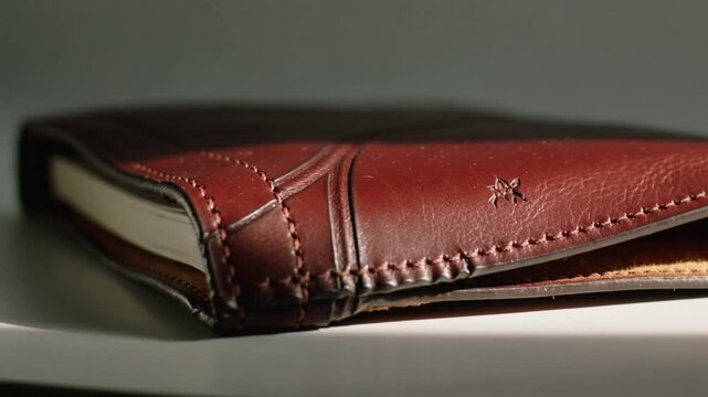 Moving camera showing folded brown leather wallet on white table, revealing stitched seam and pages
