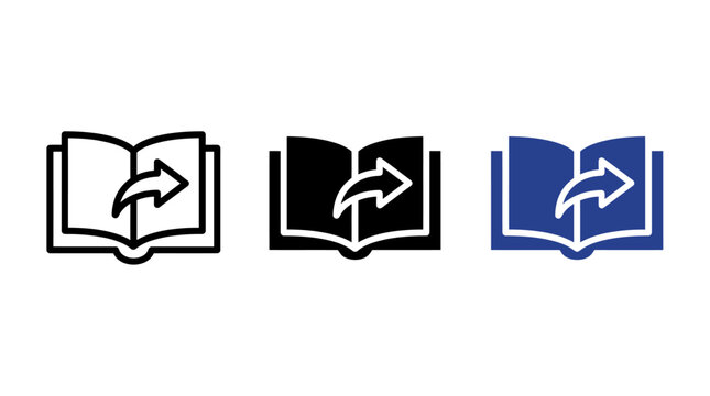 Book borrowing icon design set featuring open books with directional sharing arrows symbol