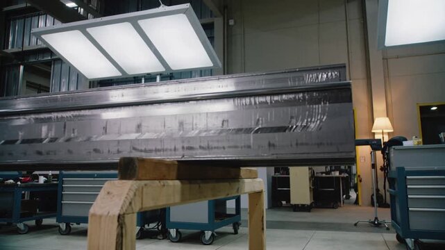 Settling long metal beam after placement, aligning on wooden cradle under LED panels in workshop