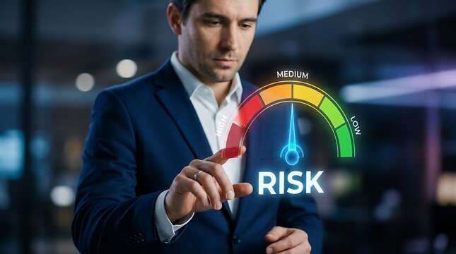 Businessman interacting with a digital risk meter showing medium risk level
