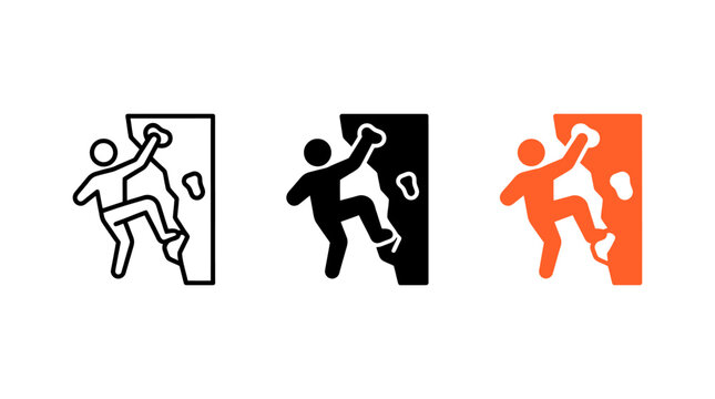 Bouldering icon design set with climber on artificial climbing wall vector symbols