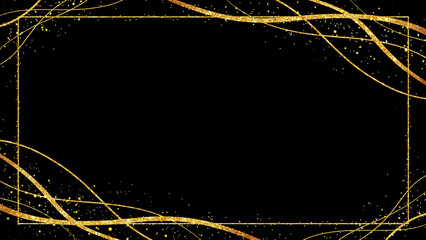Obraz premium Minimalist gold frame template with elegant thin wave line ornaments.Black background.ゴールド フレーム 枠 16:9 素材 おしゃれ 高級感 豪華 見出し タイトル 飾り エレガント クラシック 黒背景