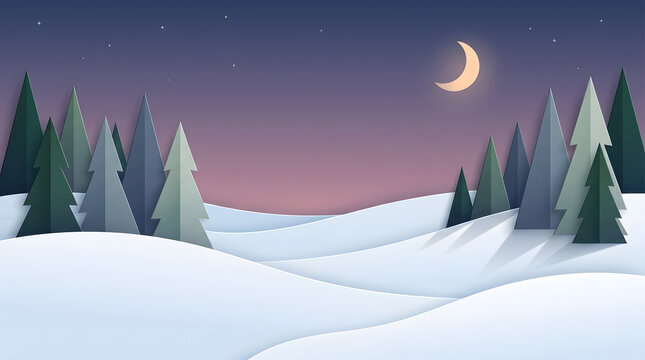 Papercut style winter landscape with snowcovered hills and evergreen pine trees under a starry night sky with a crescent moon transparent background