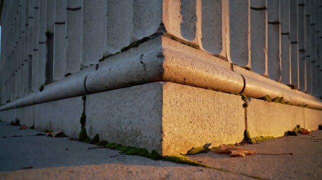 Starting golden light sweeping stone corner plinth at paved walkway, bringing moss and leaf