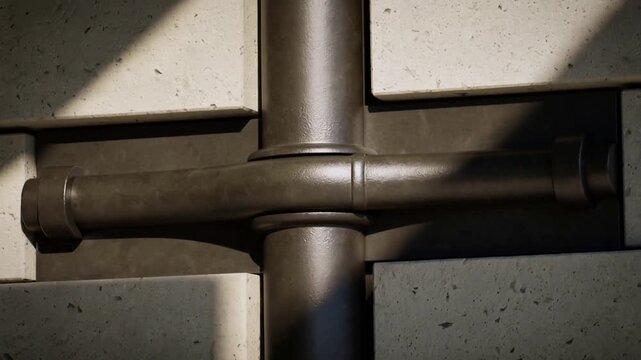 Revealing dark metal T-joint shifting down in hall on speckled tiles light sliding collars glinting