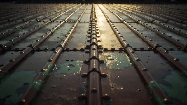 Moving low-angle camera pushing forward from tight riveted seam shot toward sun, revealing wet ribs