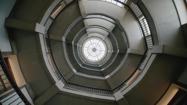 Camera framing octagonal atrium settling to steady composition toward skylight, revealing balconies