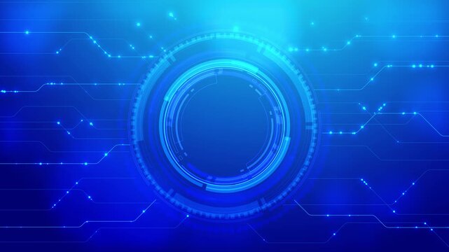 Glowing cyan circular interface connects electronic pathways blue technology background. AI systems, data processing, cyber visuals, software interfaces, automation, cloud platforms digital innovation