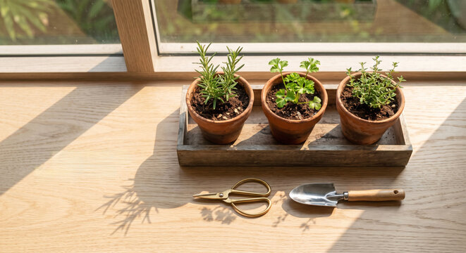 Herb garden pots with fresh rosemary and thyme on wooden windowsill for culinary lifestyle magazine cover